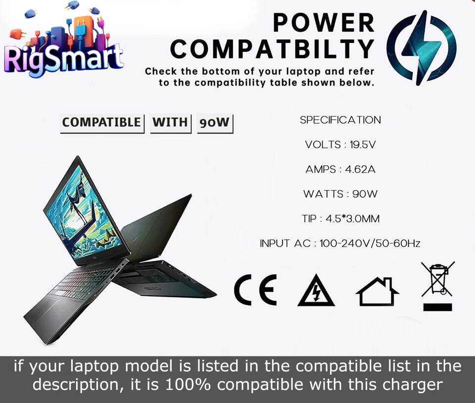 90W Laptop Charger Adapter for HP 350-G2 250-G7 250-G6 G5 G4 EliteBook G3 G4 G5 - Image 2 of 4