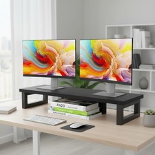 Sturdy Wood and Steel Dual Monitor Stand Riser - Stylish Space-Saving Design