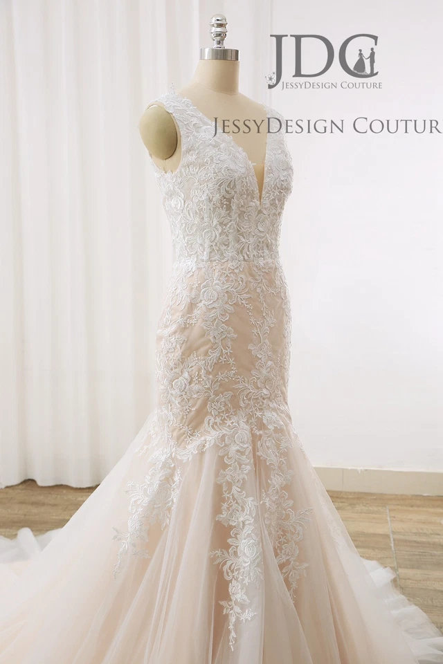 Edles Champagner Mermaid Spitze Brautkleid Hochzeitskleid n.Maß Knöpfe Träger - Bild 2 von 4