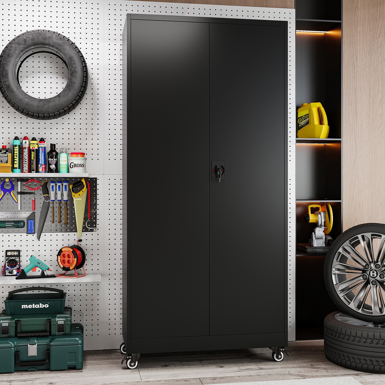 75" Rolling Metal Garage Cabinet with Locking&Adjustable Shelves for Home/Garage