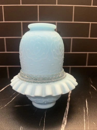 Fenton Blue Satin Glass Embossed Rose Medallion Fairy Lamp Light 3 Pc Elegant