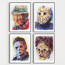 Classic Horror Ballpoint Pen Print Set, Freddy, Jason, Mike Myers, Leather Face