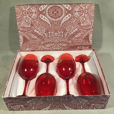 PV08287 NIB Art Décor Italy RUBY RED 22oz Wine Glasses in Presentation Box 4pcs