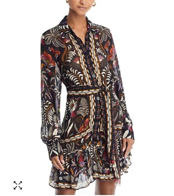 NWT Farm Rio Mini Shirt Dress Black Floral Belted Ruffled Printed Georgette  ** | eBay
