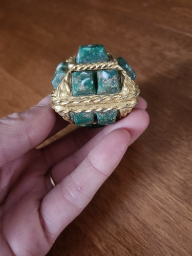 Rare Vintage Brania Signed Gold Toned Trinket/Ring Box w/ Glass Stone Turquoise
