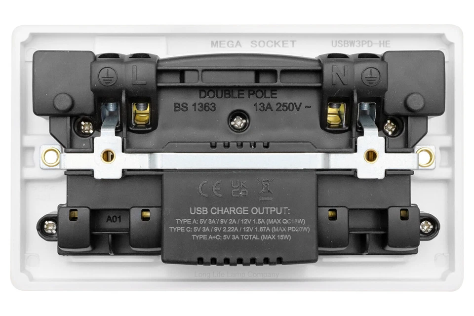 Double Wall Plug Socket 2 Gang 13A with USB C PD20W & Quick Charge White USBW3PD - Image 3 of 4