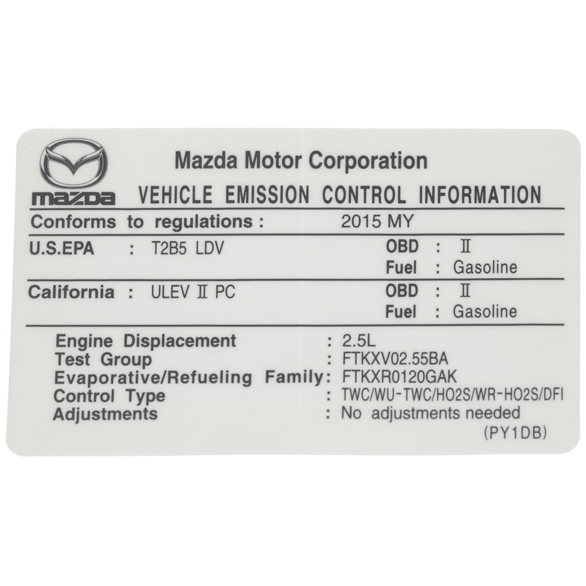 NEW OE GENUINE Mazda Emission Label Engine Compliance Sticker