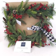 Home Reflections 24" Wreath with Plaid Bow & Lights Holiday Decor