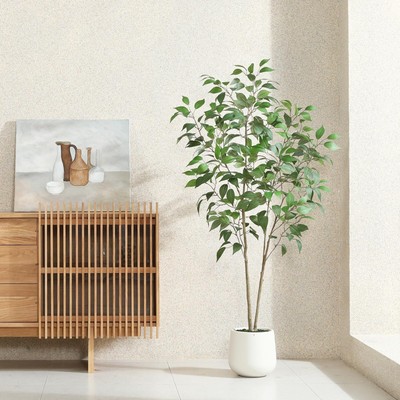 Artificial Ficus Tree,5FT Fake Tree in White Imitation Ceramic Planter with L...