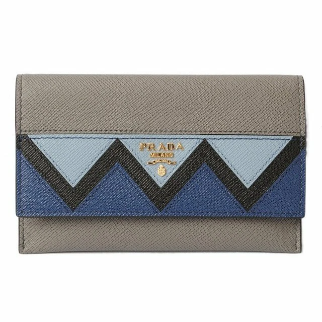 Prada Card Case Folded Wallet SAFFIANO GRECHE Embossed Leather Gray Blue Men's
