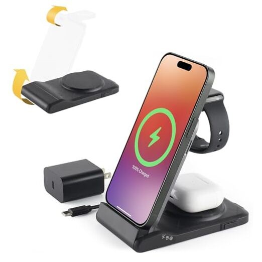 3 in 1 Charging Station for Multiple Devices,Travel Wireless Charging Black