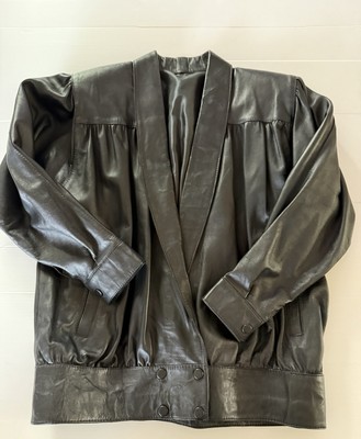 Vintage Image Size 16/18 Black Short 100% Leather Jacket Button Waistband READ