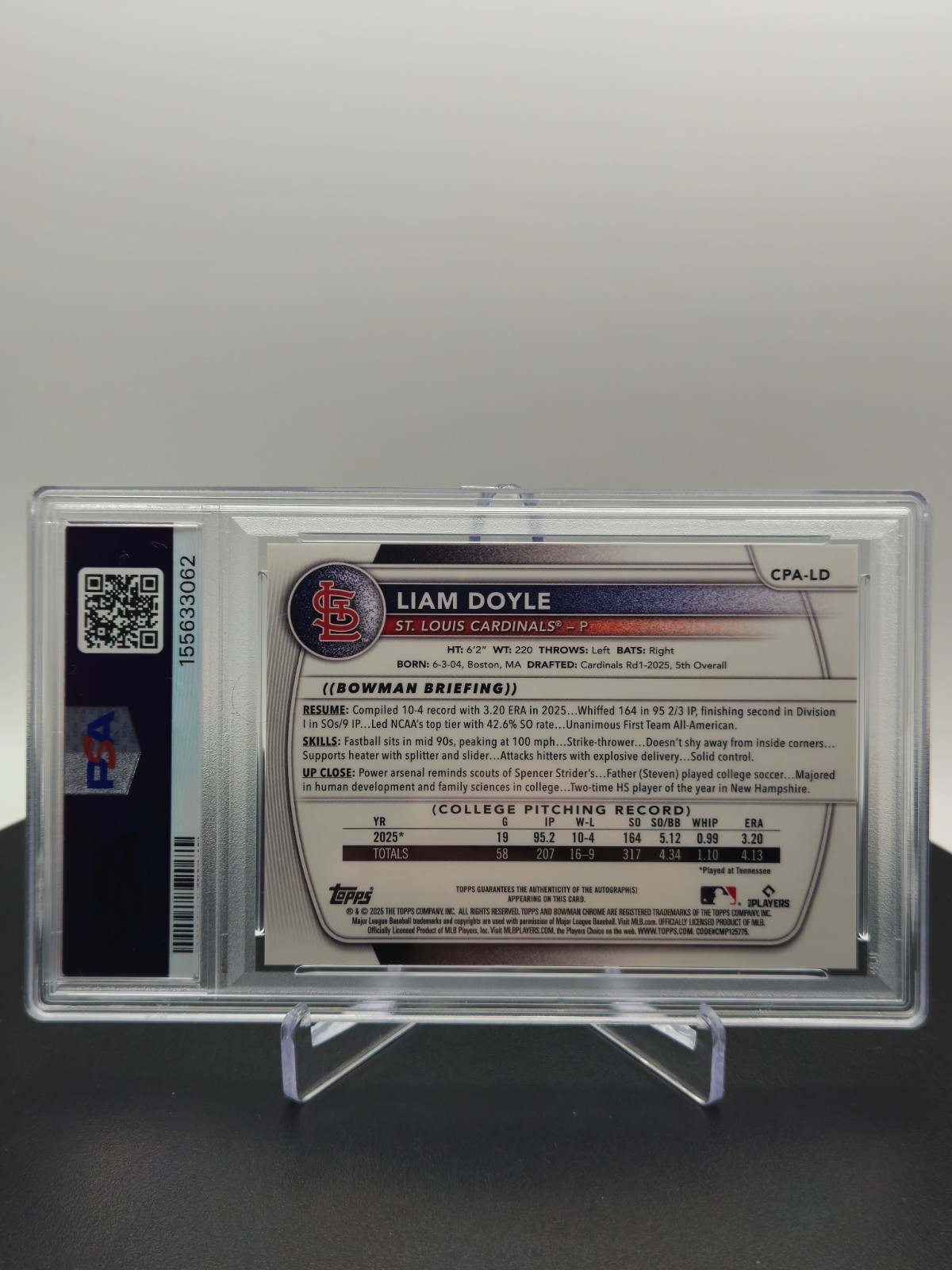2025 Bowman Draft Liam Doyle 1st Chrome Auto Blue Wave /150 PSA 10 Cardinals view 4