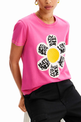 Desigual Damen T-Shirt Pink Kurzarm Gänseblümchen Baumwolle Gr. XS 23SWTKD