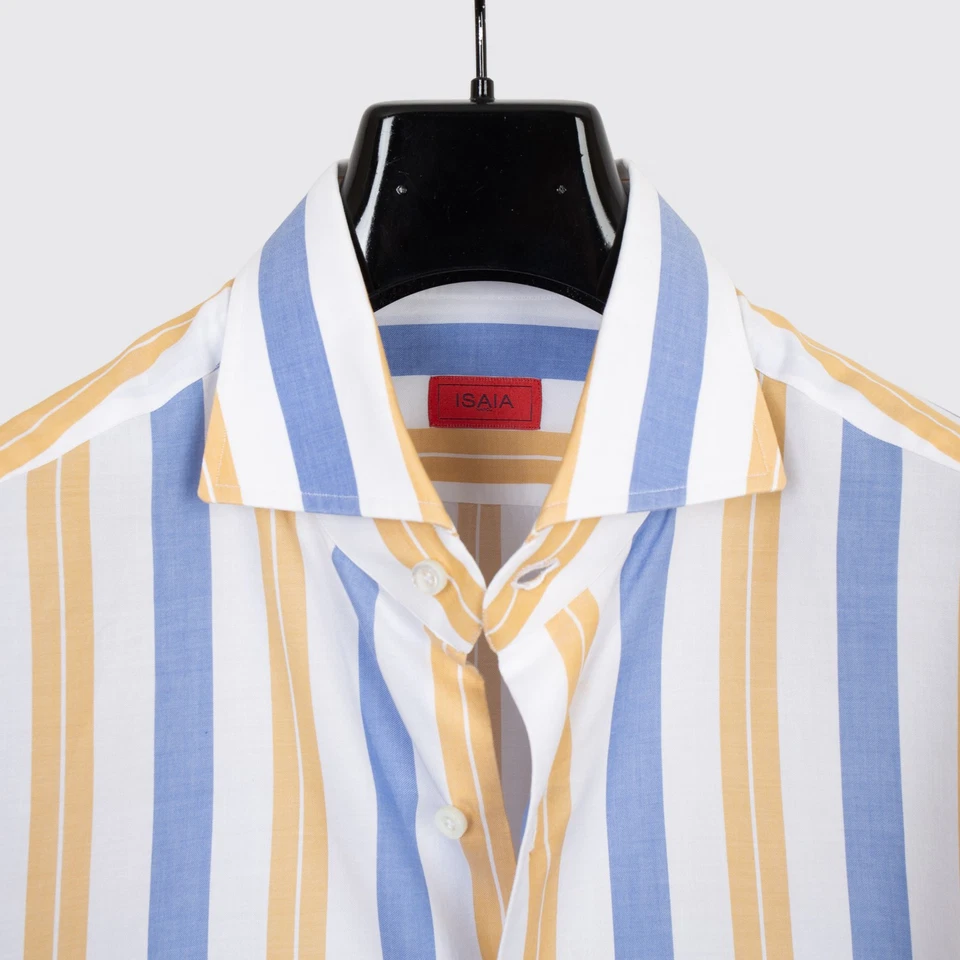 Camisa de Vestir Isaia Napoli Talla 16.5 Blanco Amarillo Azul Rayas Algodón Hecha en Italia Foto 3 de 4