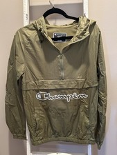 Champion Męska kurtka wiatrówka z kapturem Oliwkowa Nylon Półzamek błyskawiczny Small