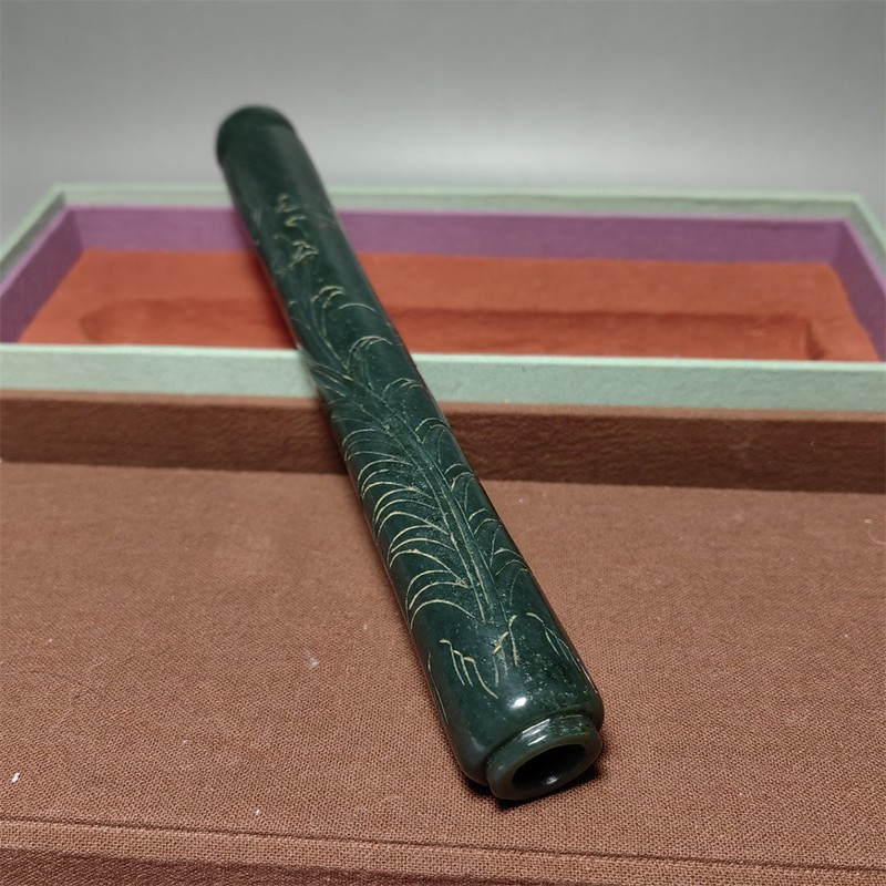 Chinese Antique Jasper Green Jade Writing Brush Holder 