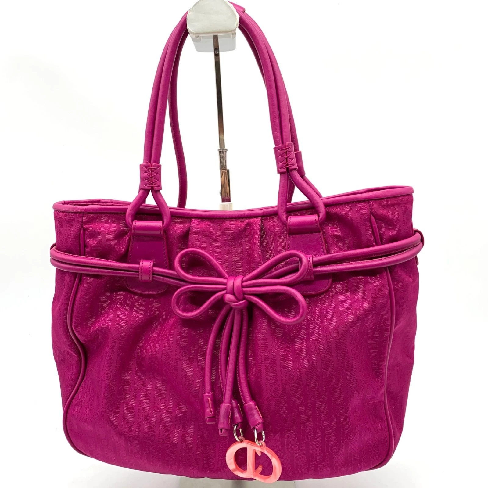 Sac à main Christian Dior mini fourre tout trotteur ruban CD logo toile cuir rose