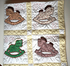 Vtg Hand Stitched Baby Quilt, Multicolor, Alphabet Rocking Horse Theme, 40"x 54"