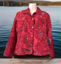 Coldwater Creek Floral Batik Patch Womens Silk Blazer Red Multicolor PS NWT