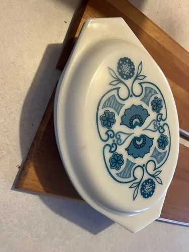 PYREX Divided Oval Milk Glass Casserole Dish Blue Floral Pattern Vintage