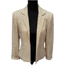 Talbots Tweed Blazer Women's Size 8 Petite Taupe Ivory Open Front Fully Lined