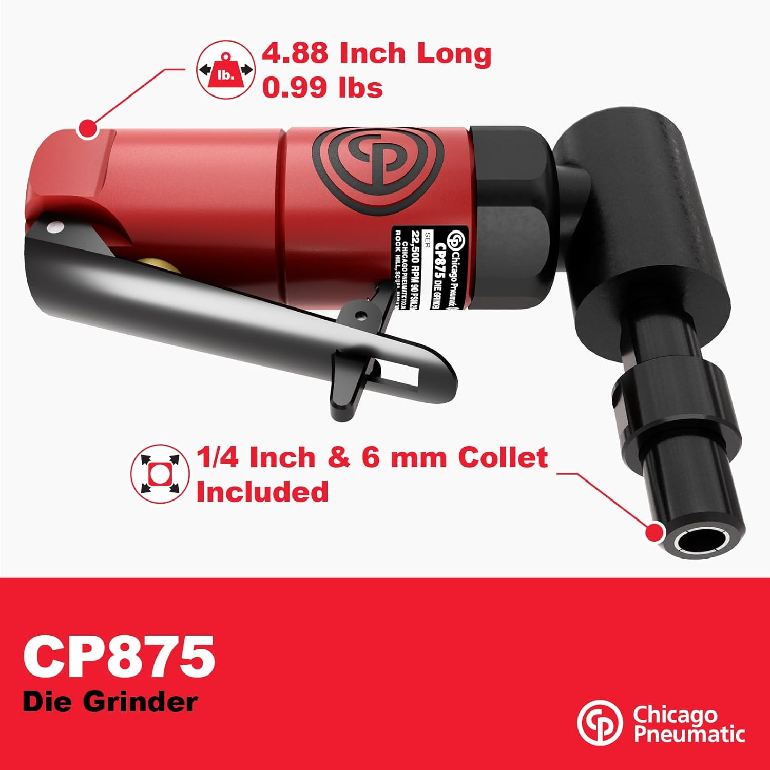 Chicago Pneumatic CP875 Air Angle Die Grinder: 1/4" Collet, 22,500 RPM (Heavy Du