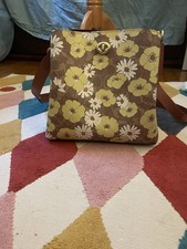 Coach Floral Print Shoulder Bag Brown Yellow White Turn Lock Bag Charm