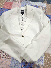 Zara Women s White Single Button Crop Blazer Jacket Long Sleeve Lined Size S