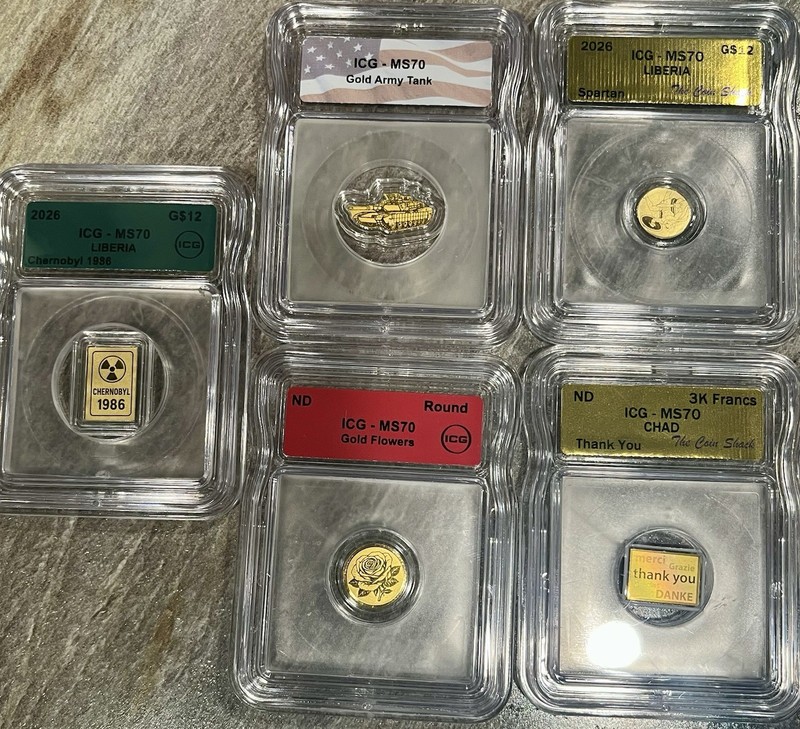 ICG MS70 Gold Lot of 5: Flower, Chernobyl, Spartan, Tank, Thank You 0.999 1/1000