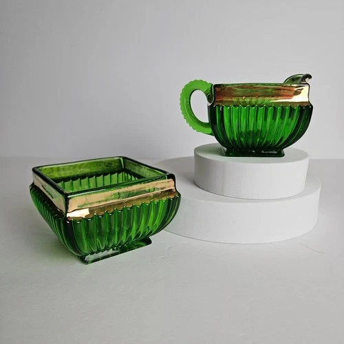 Vintage EPAG-Style Green Depression Glass Trinket Bowls with Gold Trim Set of 2