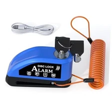 Motorcycle Lock Rechargeable, Alarm Disc Brake Lock with Reminder Cable, BLUE