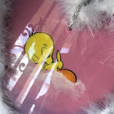 One of a kind Hand painted Y2K tweety bird with fur trimming    
