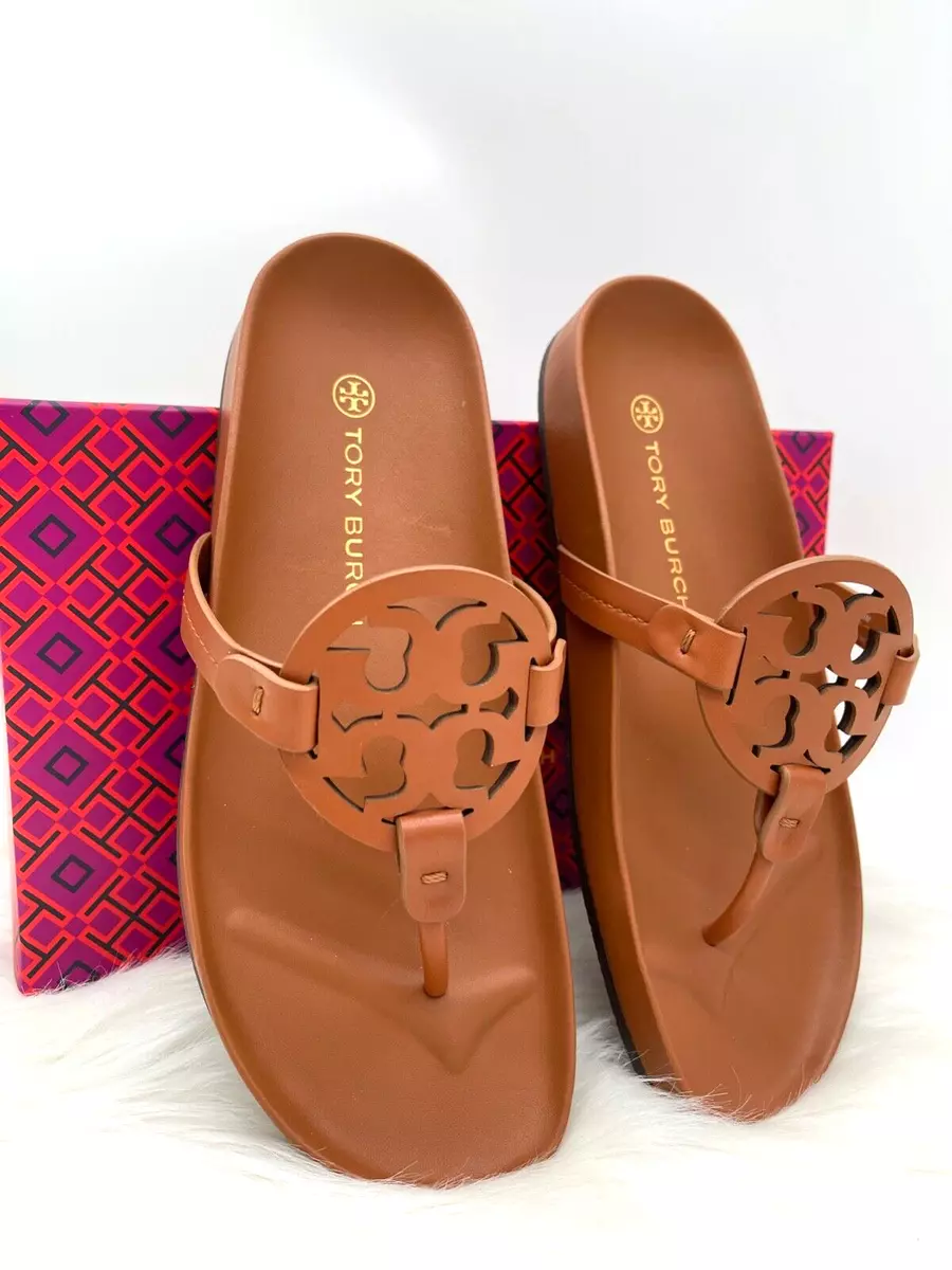 AUTH NIB 228 Tory Burch Miller Cloud Leather Thong Sandals In Aged Camello Sz9M