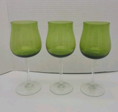 Set 3 Olive Green Wine Glasses 9  Tall Goblets Avocado