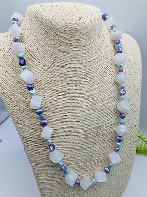 Stunning Handcrafted Bespoke Pearl And Crackle Quartz Beaded Necklace 58cm