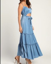 Lulus Tiers to Sun Dusty Blue Satin Cutout Maxi Dress With Pockets Sz XS