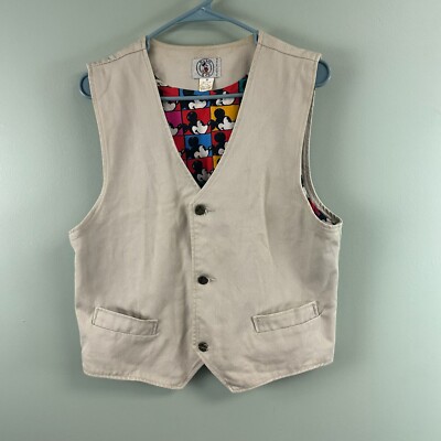 Vintage Disney Mickey & Co Beige Denim Vest Color Block Grid Size M Retro