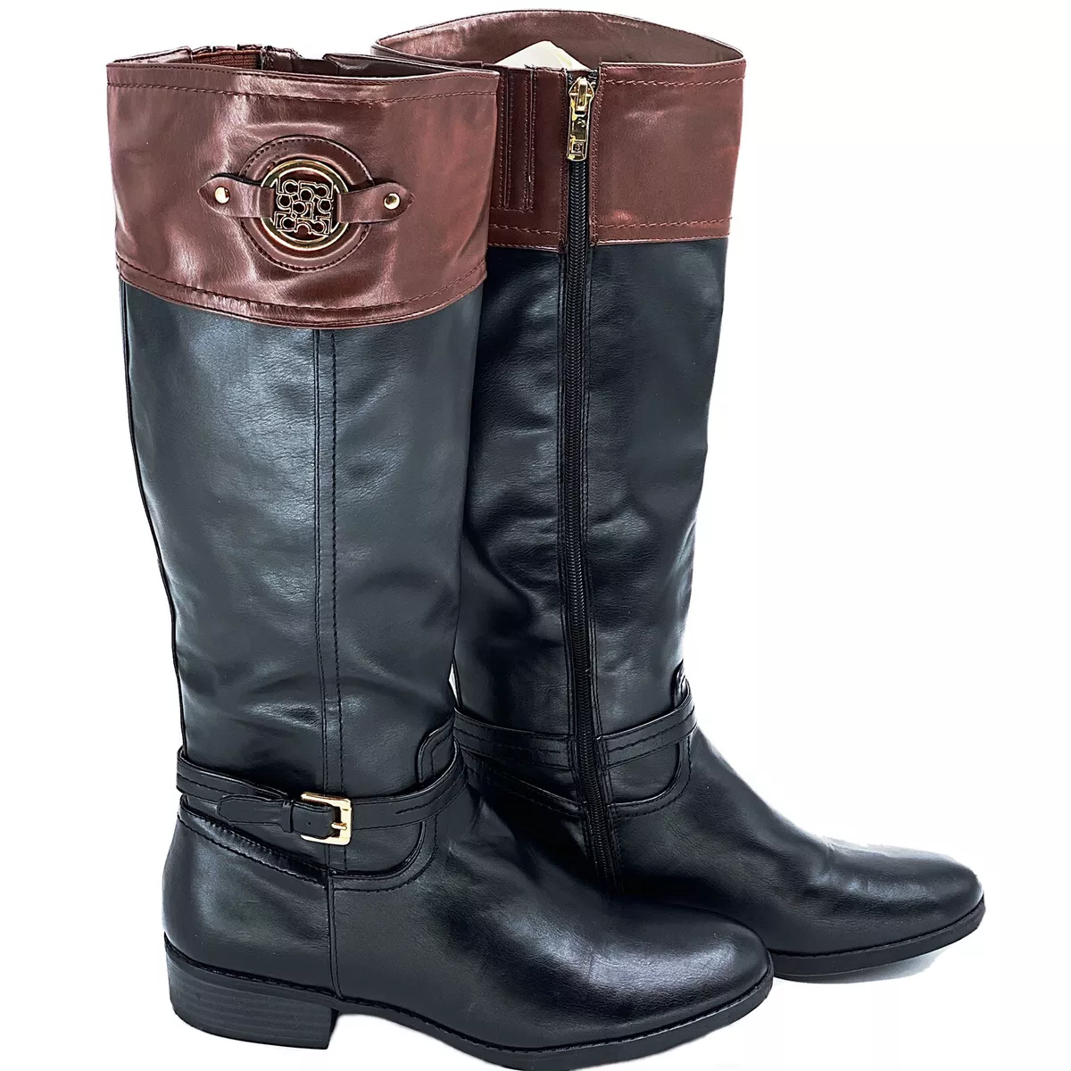 Liz Claiborne Knee High Black Brown Leather Boots S 10m Buckle