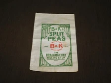 VINTAGE 10 1/2" X 7"  B & K SPLIT PEAS BRACKMAN-KER MILLING CO FEED CLOTH SACK