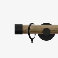 Curtain Pole - Wood-Effect Metal with Rings - Matt Black End Cap Finial - 28mm
