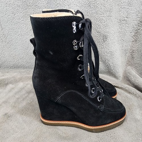 Veronica Beard Shoes Womens Size 7 Black Leather Shearling Lace Up Wedge Boots - Picture 5 of 14
