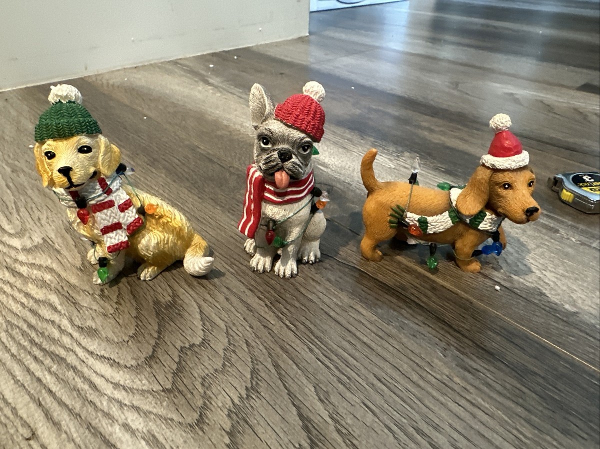 Ganz 3 Dog Christmas Holiday Santa Statue Figurine French Bulldog NEW