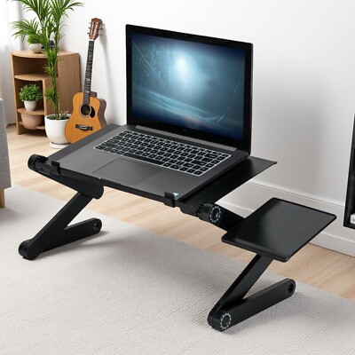 Adjustable Laptop Desk - Cooling Fan Mouse Board Bed Sofa Tray Stand Black