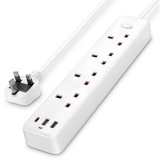 2500W Power Strip 4 Sockets 3 USB Ports With Surge Protection 3.7ft Cable