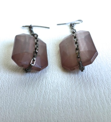 Boucles D'oreilles Pendantes Vintage - Métal Noir Agaté Et Pâte De Verre - Fermoir Dormeuse - Occasion - Sans Marque