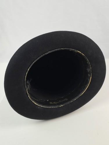 Vintage DeLuxe Quality Black Wool top hat 6.75" tall black bow "good" cond. - Picture 6 of 13