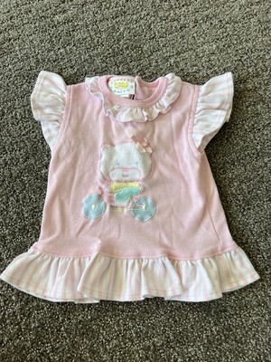 Vintage Novelty Knits Baby Girl Pink Striped Embroidered Dress Top Size 18 Month