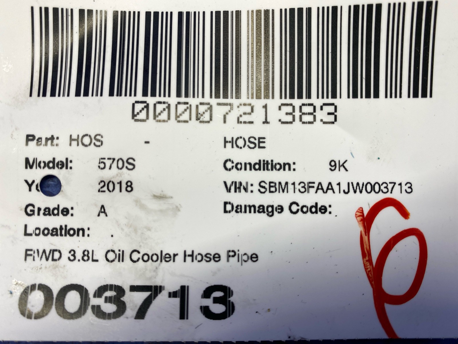 2016-2021 Mclaren 570s RWD 3.8L Oil Cooler Hose Pipe Tube 11F2162CP oem