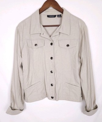 Amcan Size 14 Collared Tan Linen Blend Button-Up Long Sleeve Jacket (Altered)